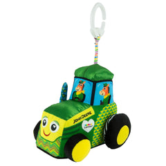 Lamaze John Deere tractor clip engages baby with bold colors and tactile play during rides.