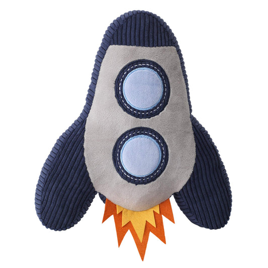 Lambs & Ivy Milky Way rocket ship pillow front view shows plush navy velour texture