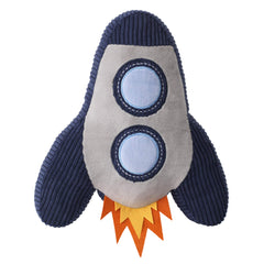 Lambs & Ivy Milky Way rocket ship pillow front view shows plush navy velour texture