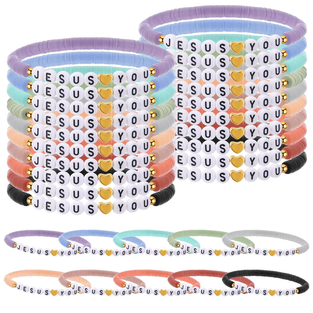 Landical Jesus Loves You bracelet pack with elastic beads in light Morandi tones.