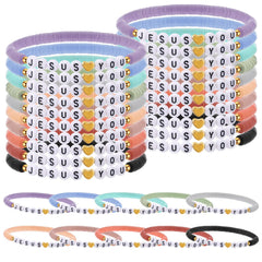 Landical Jesus Loves You bracelet pack with elastic beads in light Morandi tones.