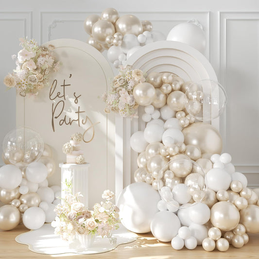 LANGASQUE Pearl White Balloon Arch Kit displayed as elegant wedding dΓ©cor.