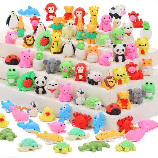 LanMa 70-piece animal erasers assortment for classroom fun and learning.