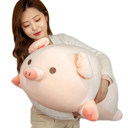 Lannery pig hug pillow with round eyes for cozy bedtime cuddling.