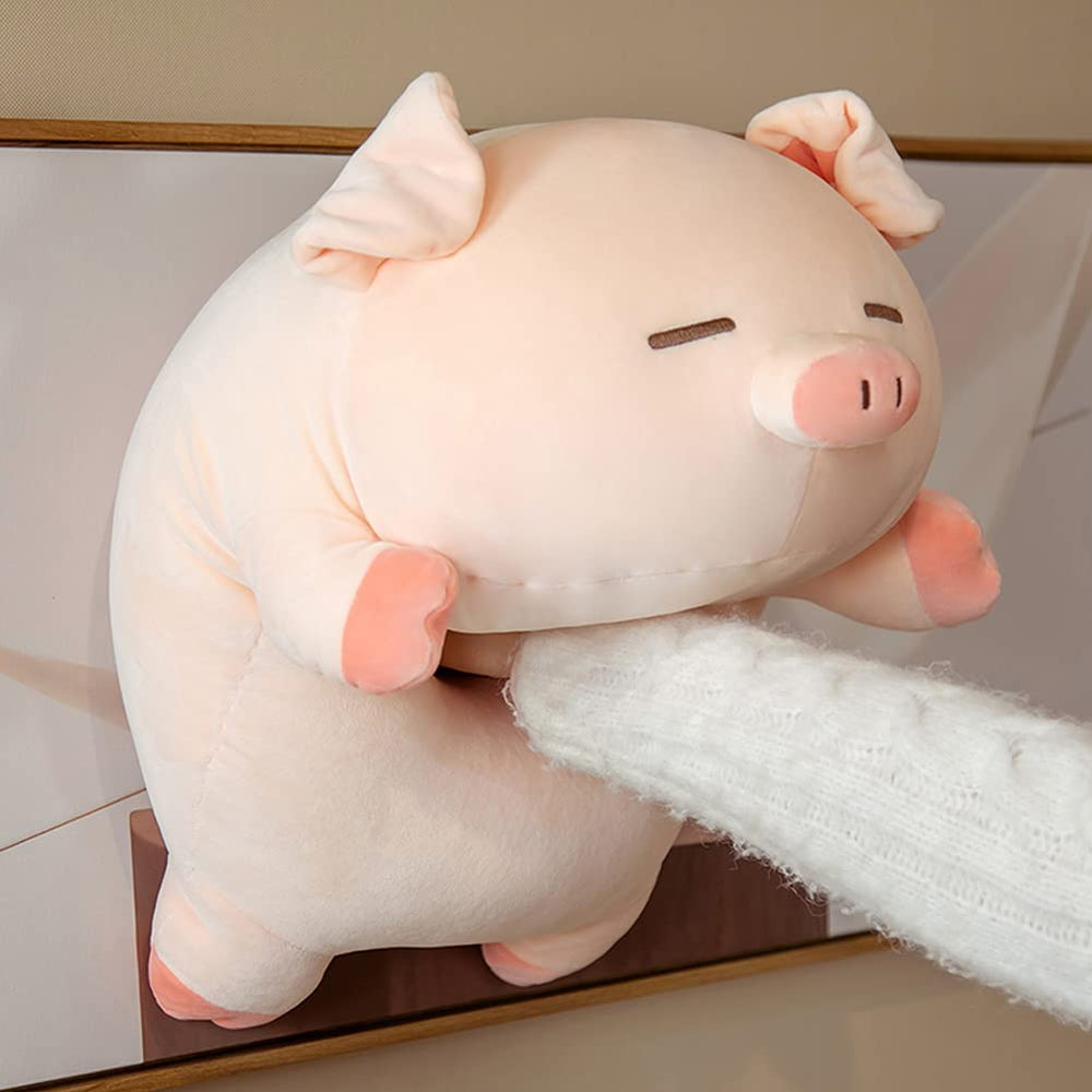 Lannery pig hug pillow uses soft stretch fabric for extra cuddling softness.