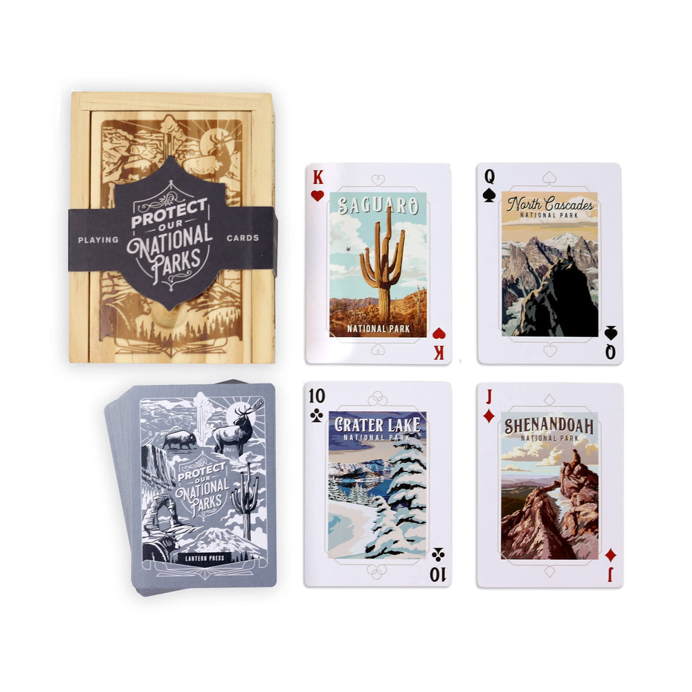 Lantern Press playing cards inside a pine box for durable, display-ready storage.