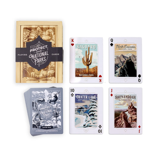 Lantern Press playing cards inside a pine box for durable, display-ready storage.