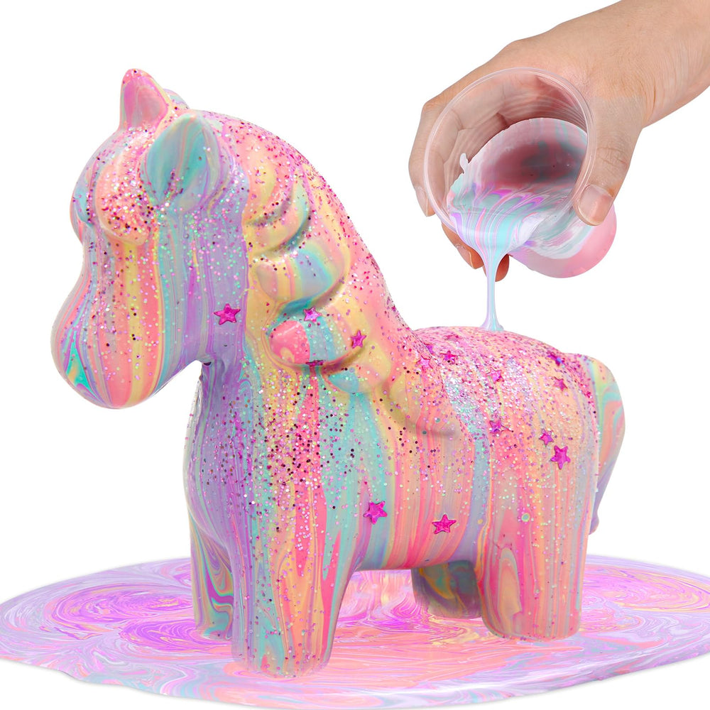 LAOESE Unicorns Paint Pour Kit packaging displays contents for creative play.
