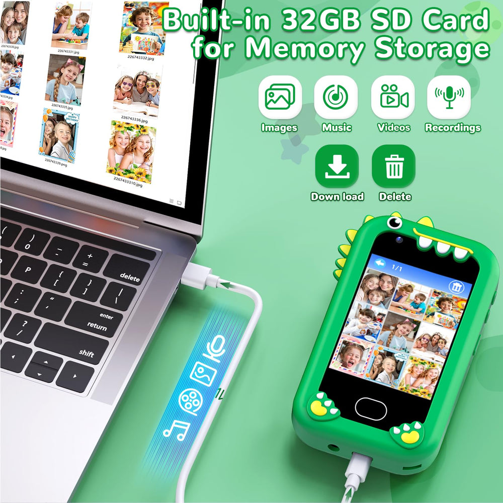 Lapare Kids Smart Phone 32GB SD card expands storage for memories.