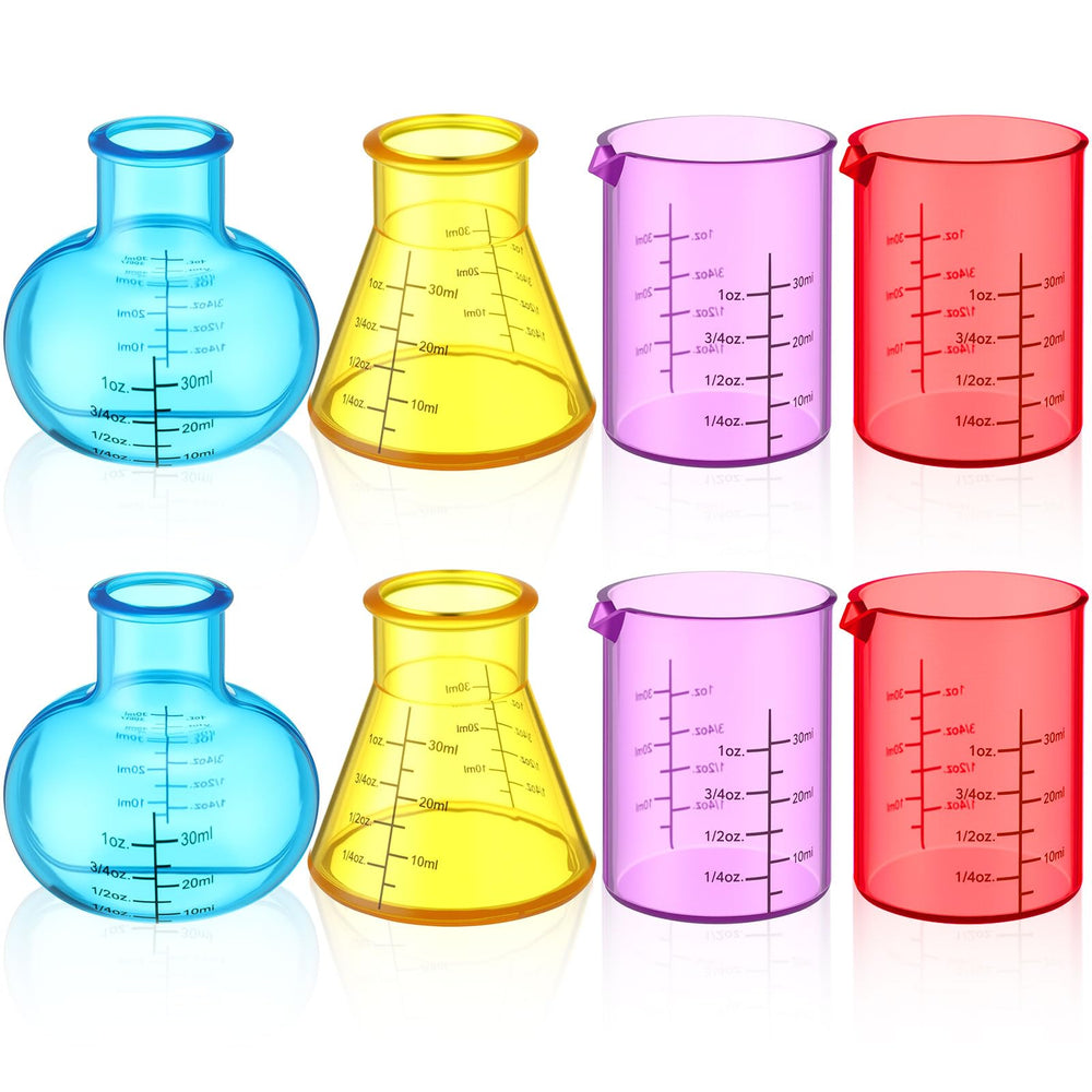 LaRandom 8 Pcs science measuring flask set with colorful cups for kids' experiments.
