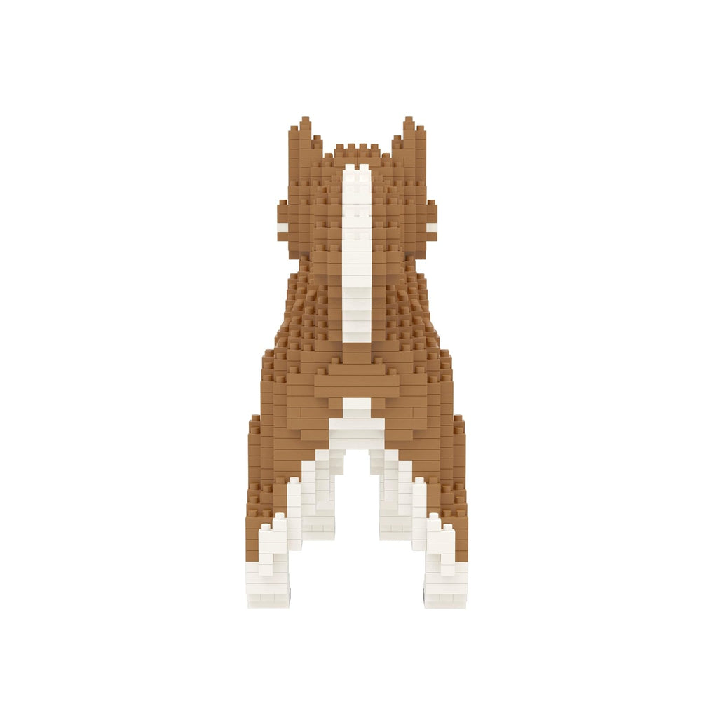 Larcele micro dog blocks completed model proudly displayed on a shelf.