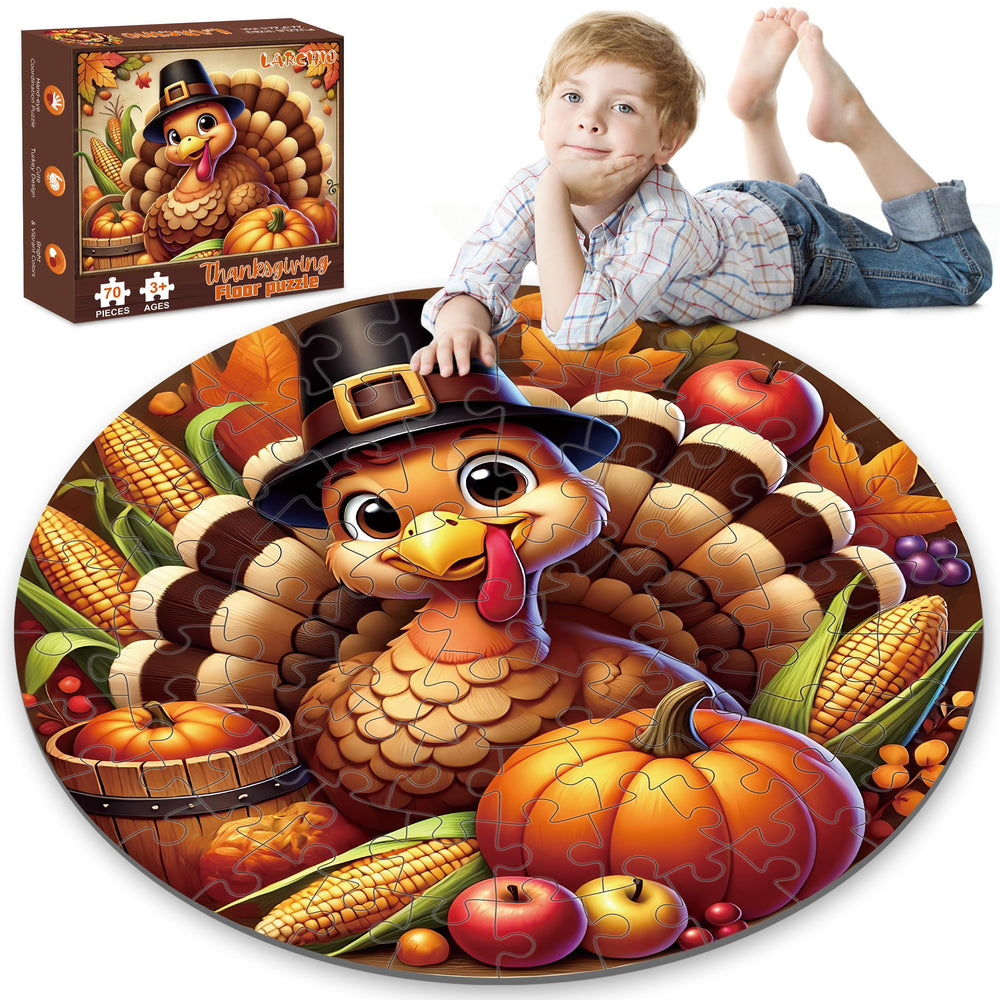 Larchio Thanksgiving floor puzzle 70pcs with turkey and pumpkins supports early spatial skills.