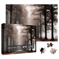 Larkipuzz Mystery Forest 1000-piece puzzle box with misty trees for mindful evenings.