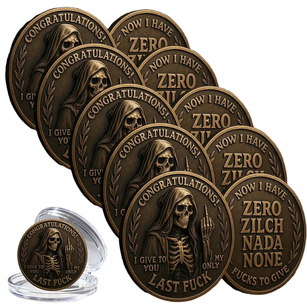 Last Fuck to Give Challenge Coin with skull design for desk display.