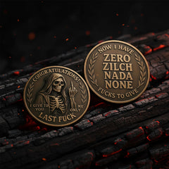 Last Fuck to Give desk display coin, weighty copper and bold vibe.