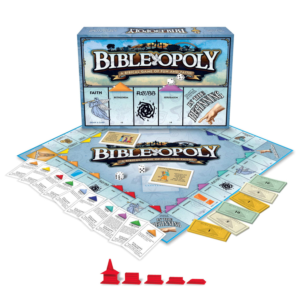 Late for the Sky Bibleopoly city cards—educational cards that teach biblical history.