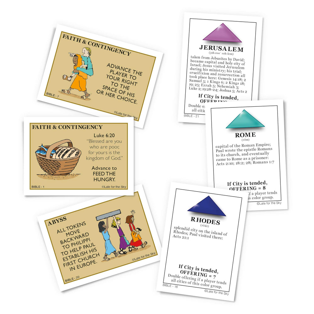 Late for the Sky Bibleopoly faith cards—versatile prompts for learning during game night.