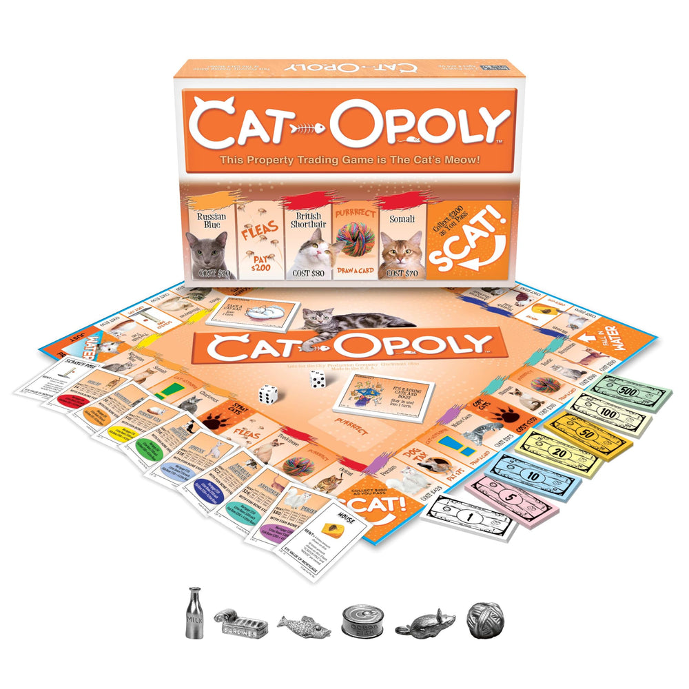 CAT-opoly milk bottle token in use during a family game night