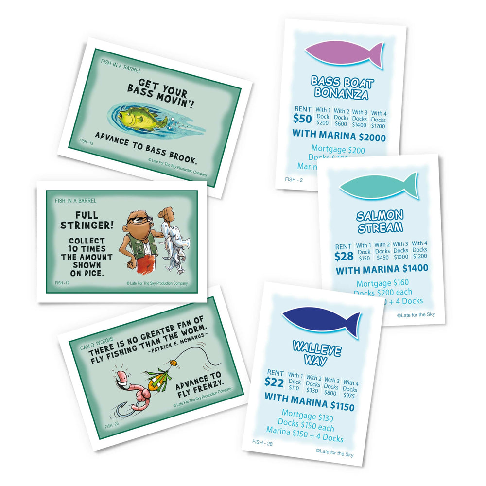 Late for the Sky Fishin'-Opoly player tokens arranged on a scenic table for group play