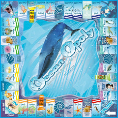Late for the Sky Ocean-Opoly sand dollars and water blocks for scoring.