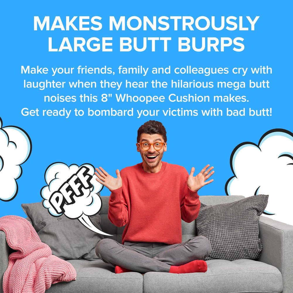 Laughing Smith Mega 8-inch cushion shown as a party gift for celebrations.