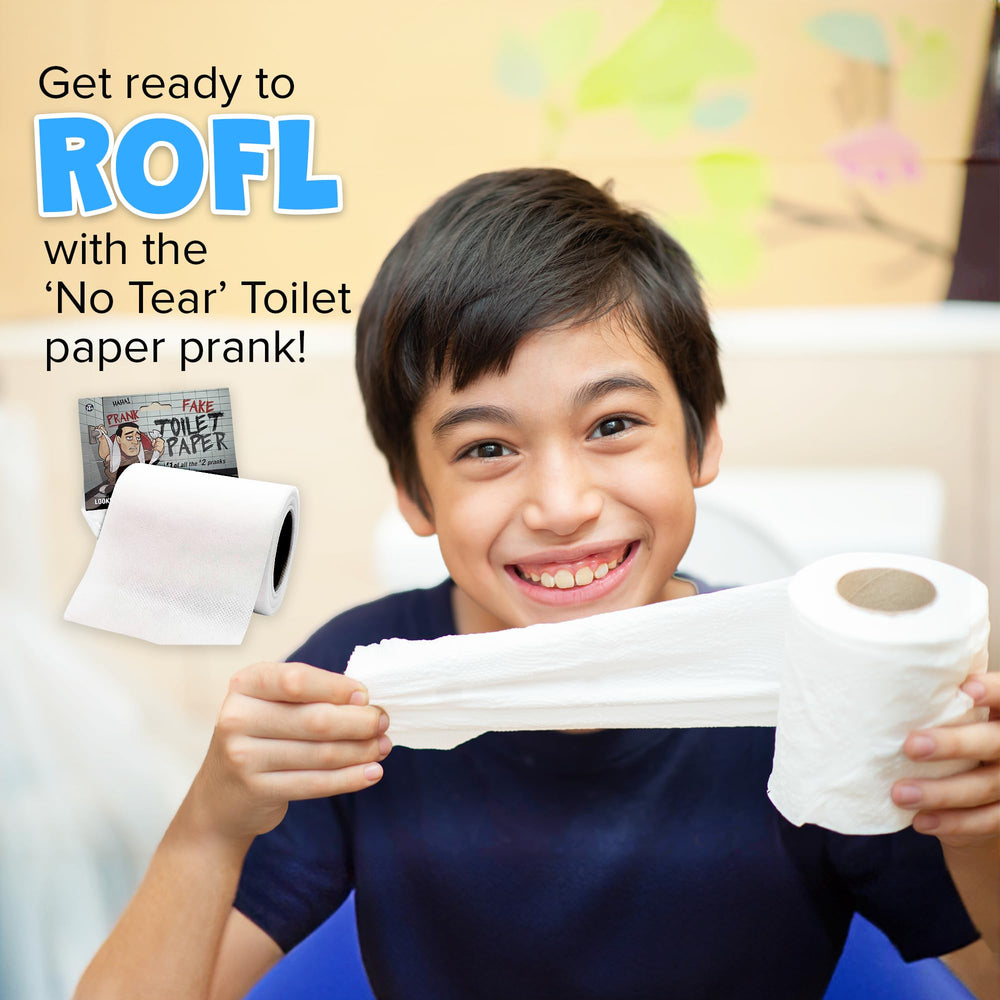 Laughing Smith No Tear Prank Toilet Paper bathroom scene, sets a cheeky backdrop for humorous moments.