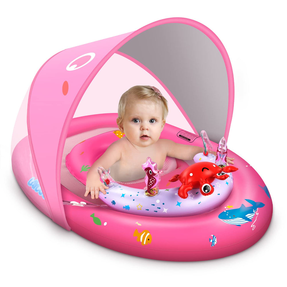 LAYCOL baby pool float with canopy and toy console for interactive pool play.