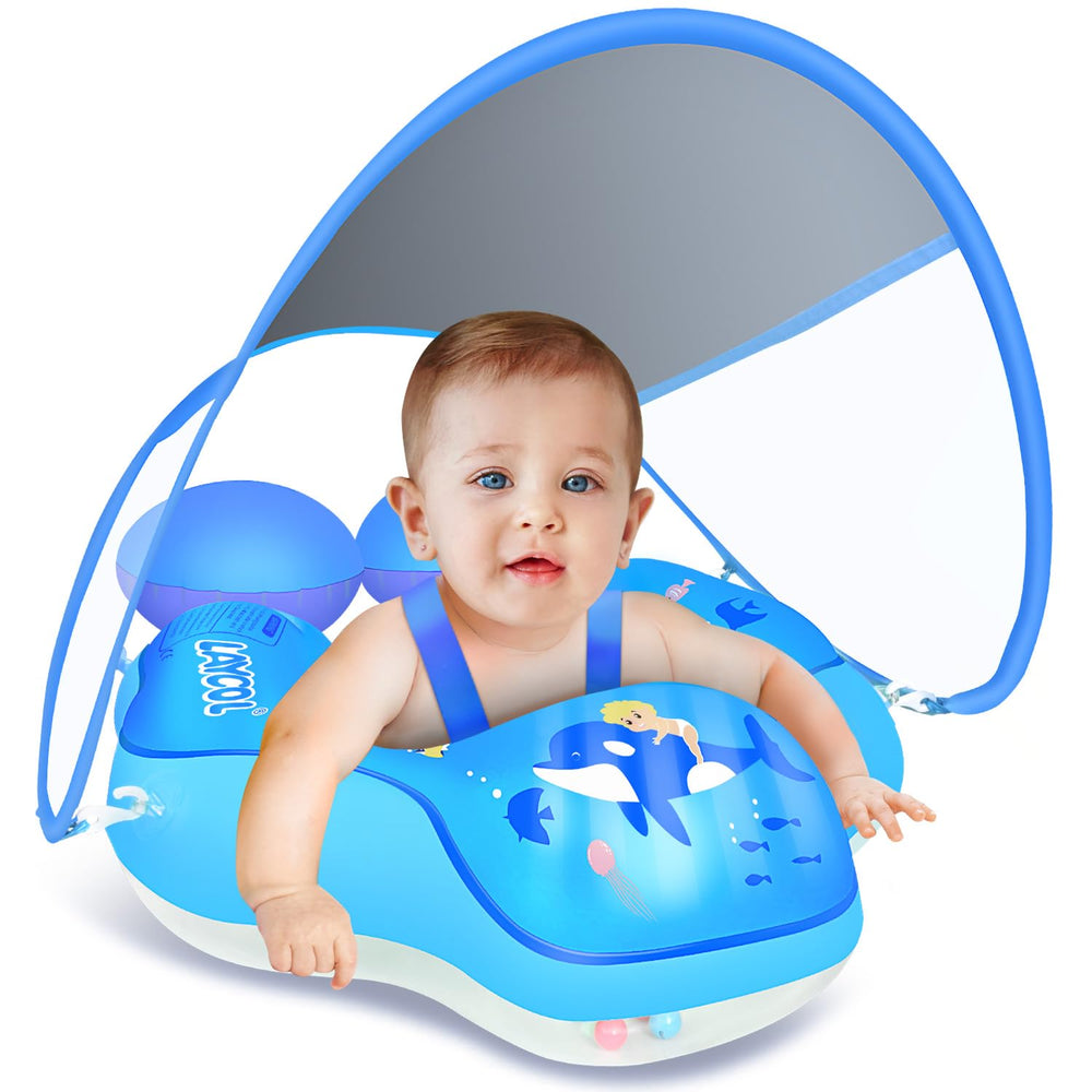 LAYCOL baby pool float with canopy provides UPF50+ sun protection for infants