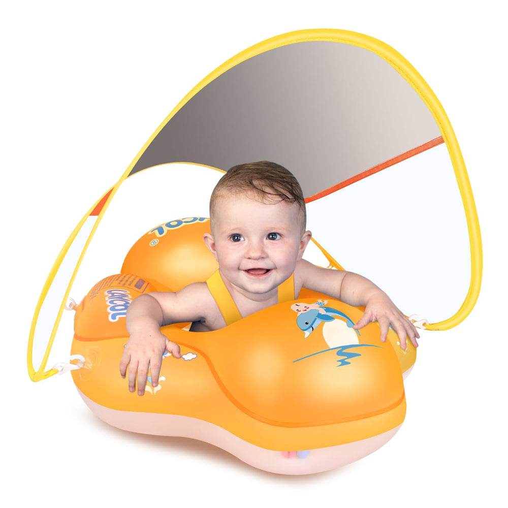 LAYCOL baby swim float with canopy protects skin during sunny pool days.