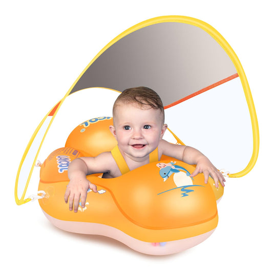 LAYCOL baby swim float with canopy protects skin during sunny pool days.