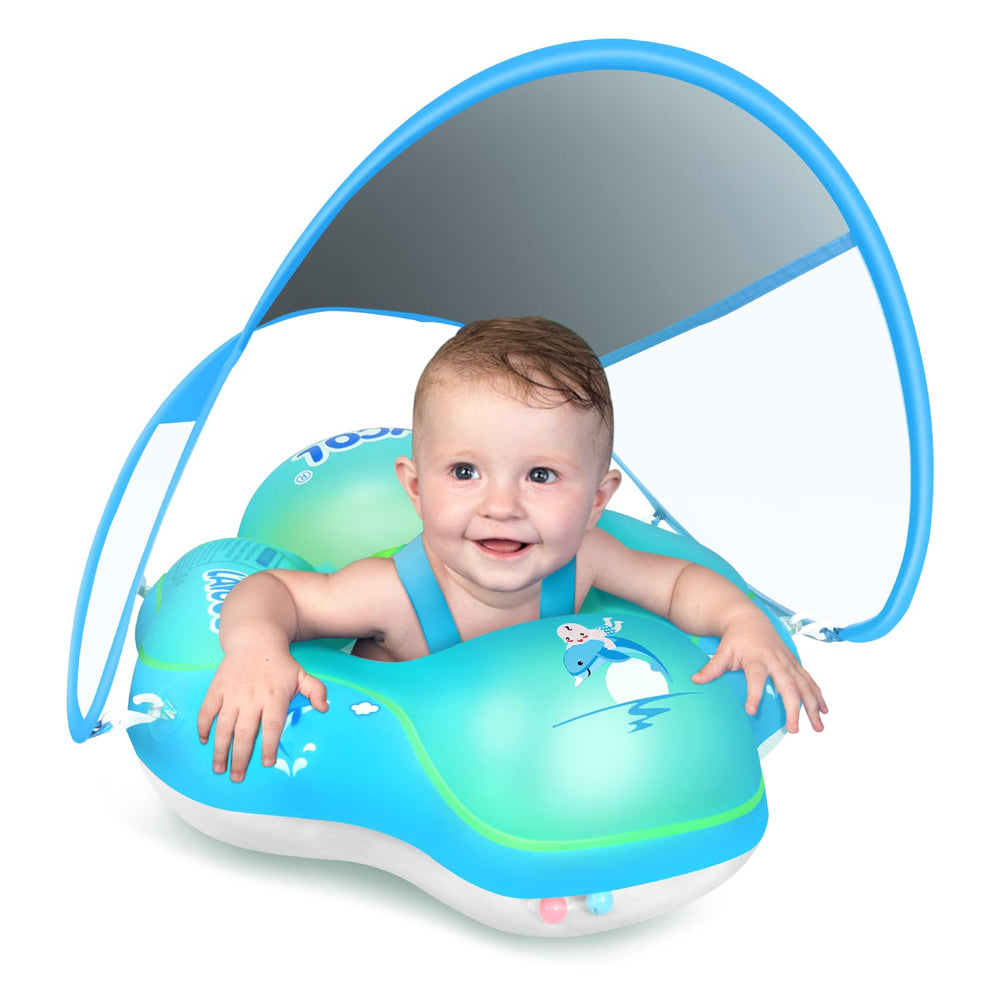 LAYCOL baby swimming float with sun canopy provides shade during pool time