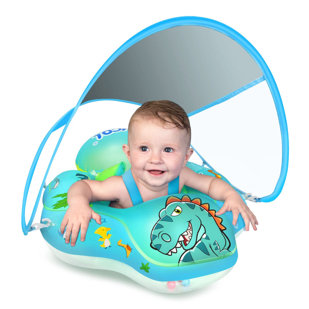 LAYCOL dinosaur baby swim float with canopy for sun protection during outdoor pool time.