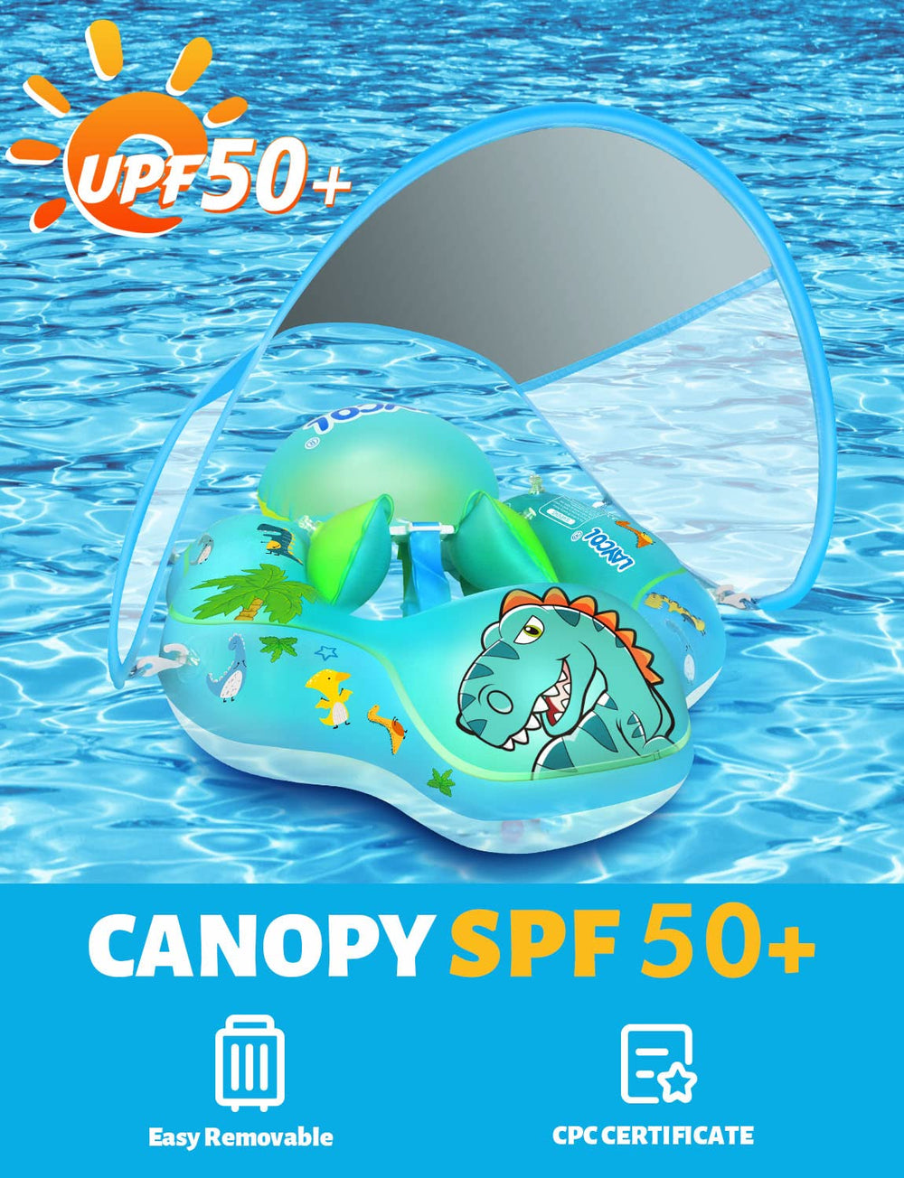 LAYCOL dinosaur baby swim float with pump included for quick setup.