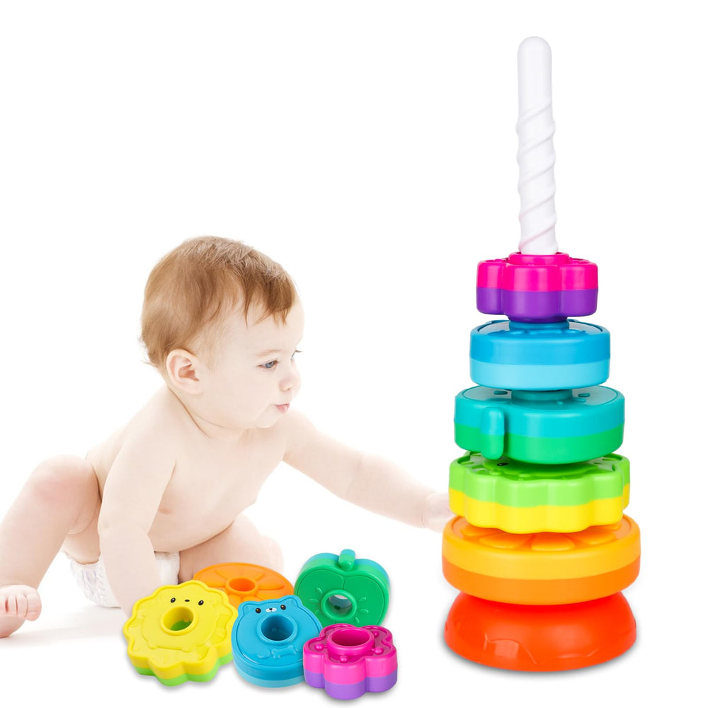 LBAIBB Spin Stack Toy discs in rainbow colors enhance fine motor skills during play.