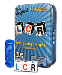 LCR Left Center Right blue tin with dice and chips for family game night