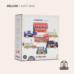Le Toy Van London Car Set compatible with wooden tracks for extended play.