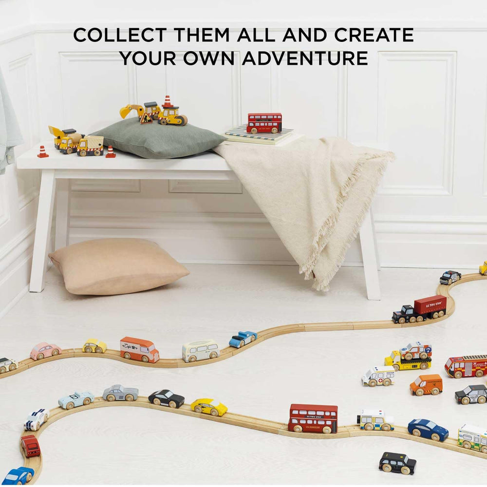 Le Toy Van New York car set on wooden tracks enhances open-ended storytelling