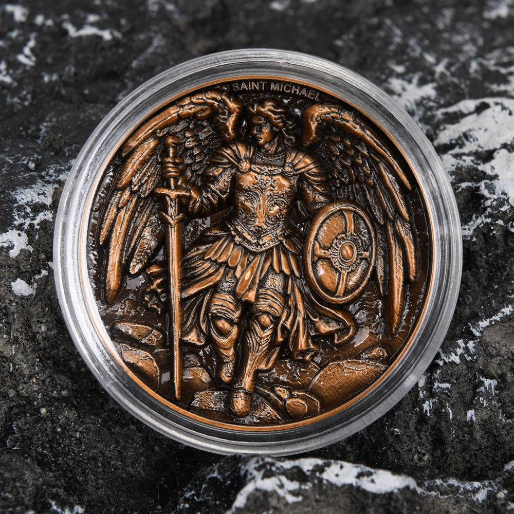 Leabet Saint Michael antique-finish close-up showcases bronze tones and vintage feel.
