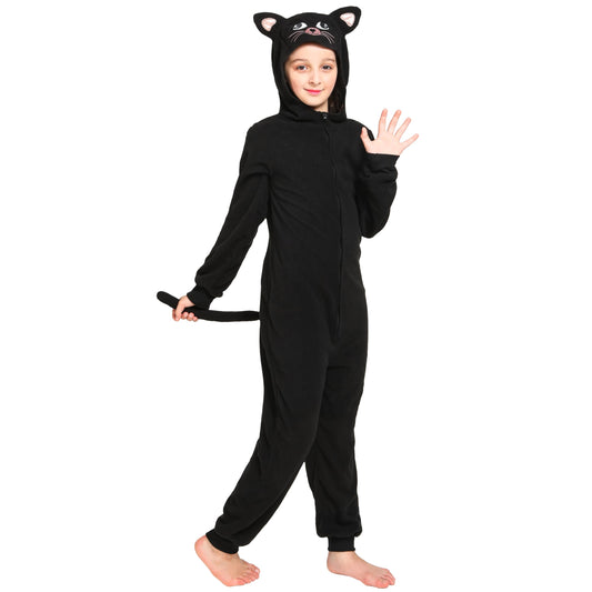 Leadtex black cat costume for kids with plush hood, cozy warmth for autumn nights.