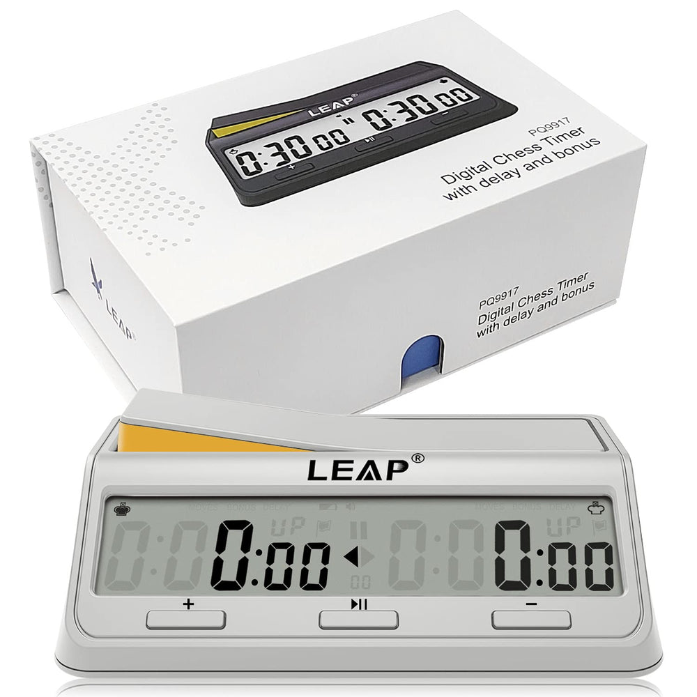 LEAP chess clock with advanced program settings on large display for quick edits.