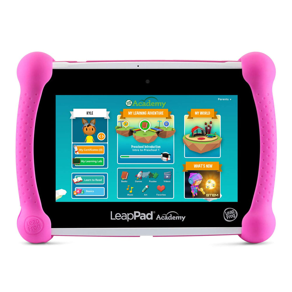 LeapFrog LeapPad Academy Pink child using tablet to learn reading and math.