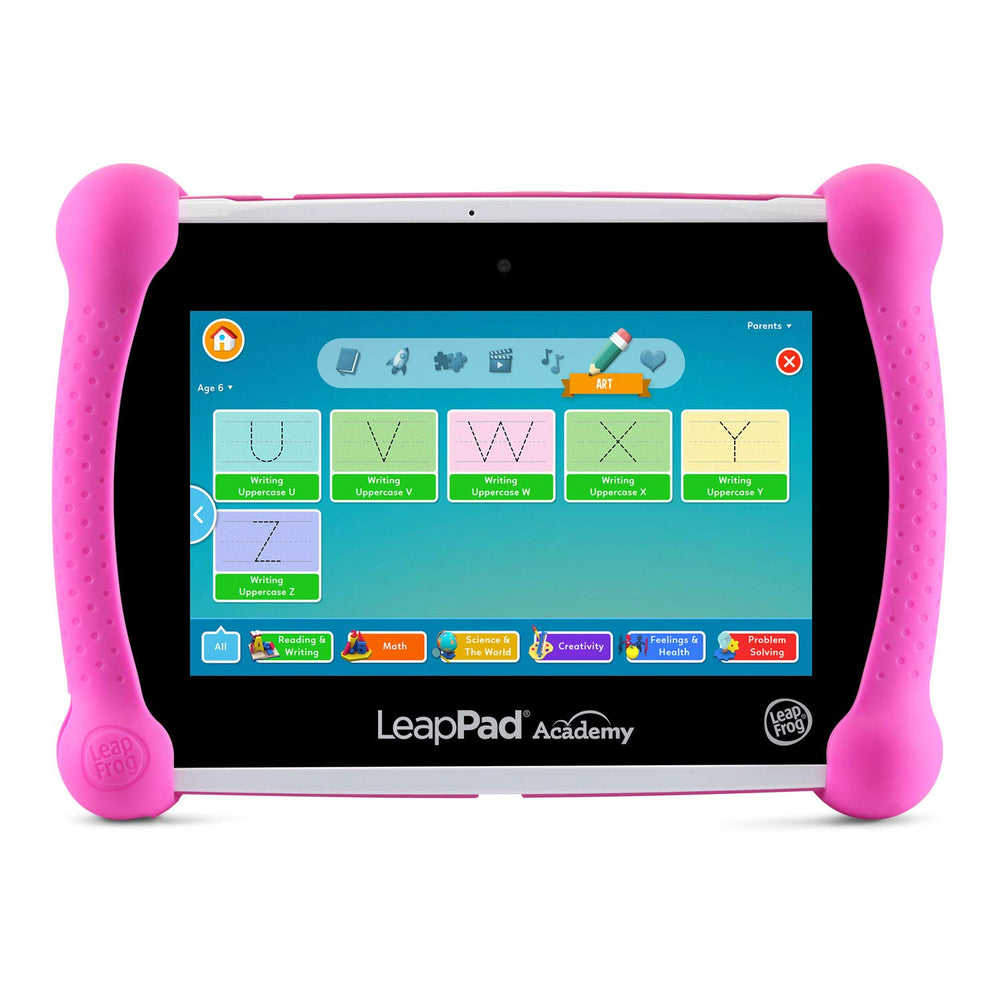 LeapFrog LeapPad Academy Pink sturdy bumper and built-in kickstand for flexible viewing.