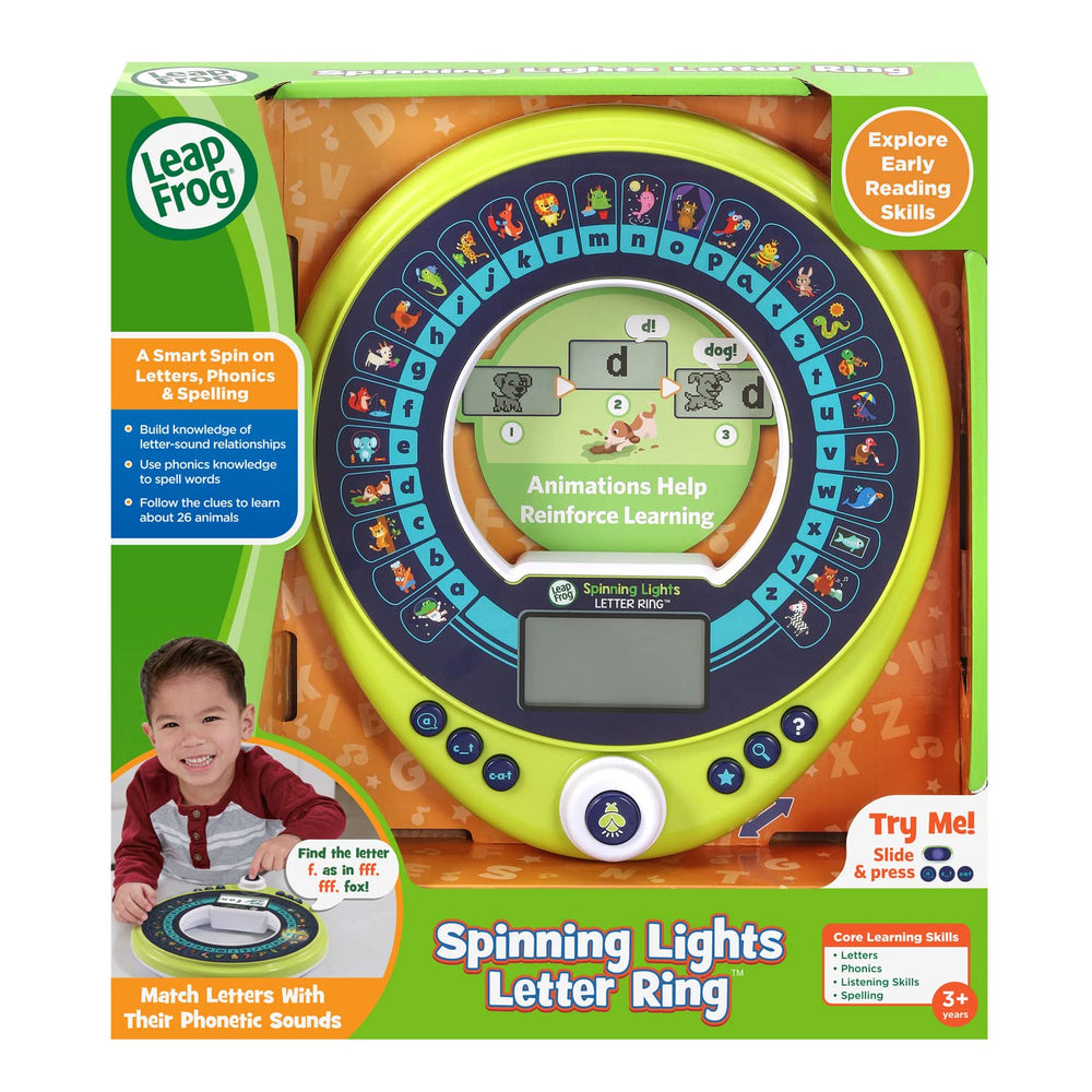 LeapFrog Spinning Lights Letter Ring is suitable for ages 3 and up with demo batteries.