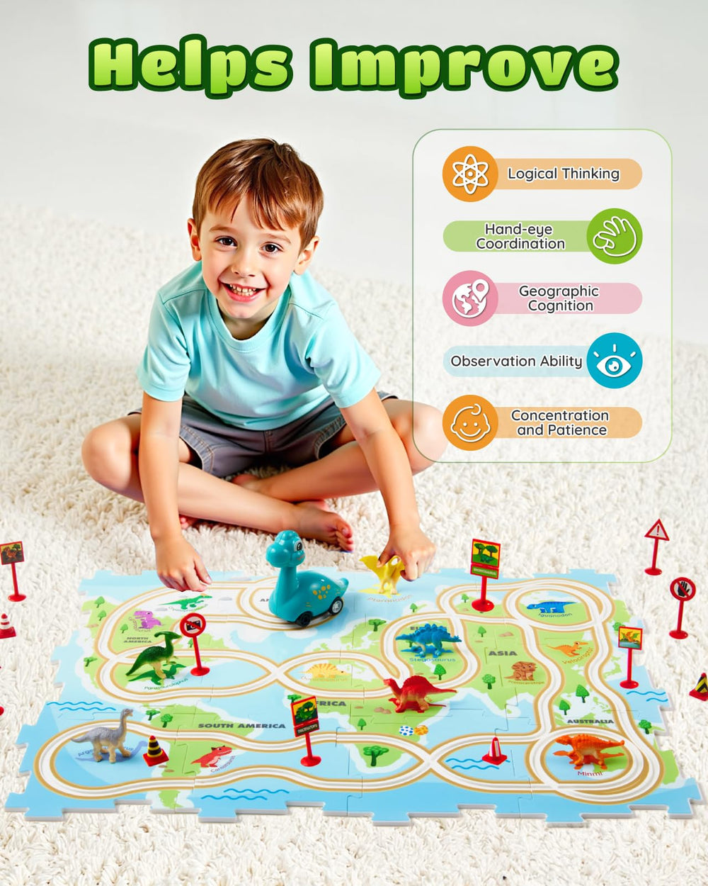 Leapio Puzzle Racer dinosaur models for imaginative play and shape matching.