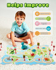 Leapio Puzzle Racer dinosaur models for imaginative play and shape matching.