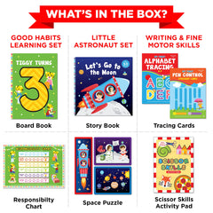 Learnabee premium books highlighting good habits and space concepts for early literacy.
