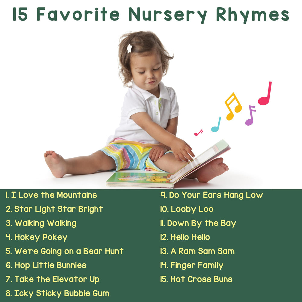 Learning Bugs Nursery Rhymes page spread with lyrics and colorful animals for language play.