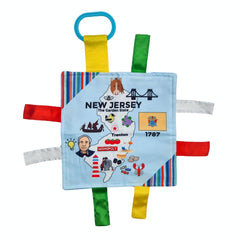 The Learning Lovey Baby Jack Co NJ state tag with crinkle tab for stroller play.