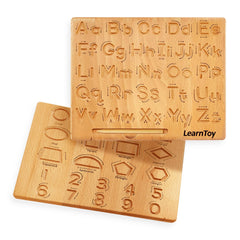 LearnToy Montessori wooden alphabet tracing board front view for versatile writing practice.