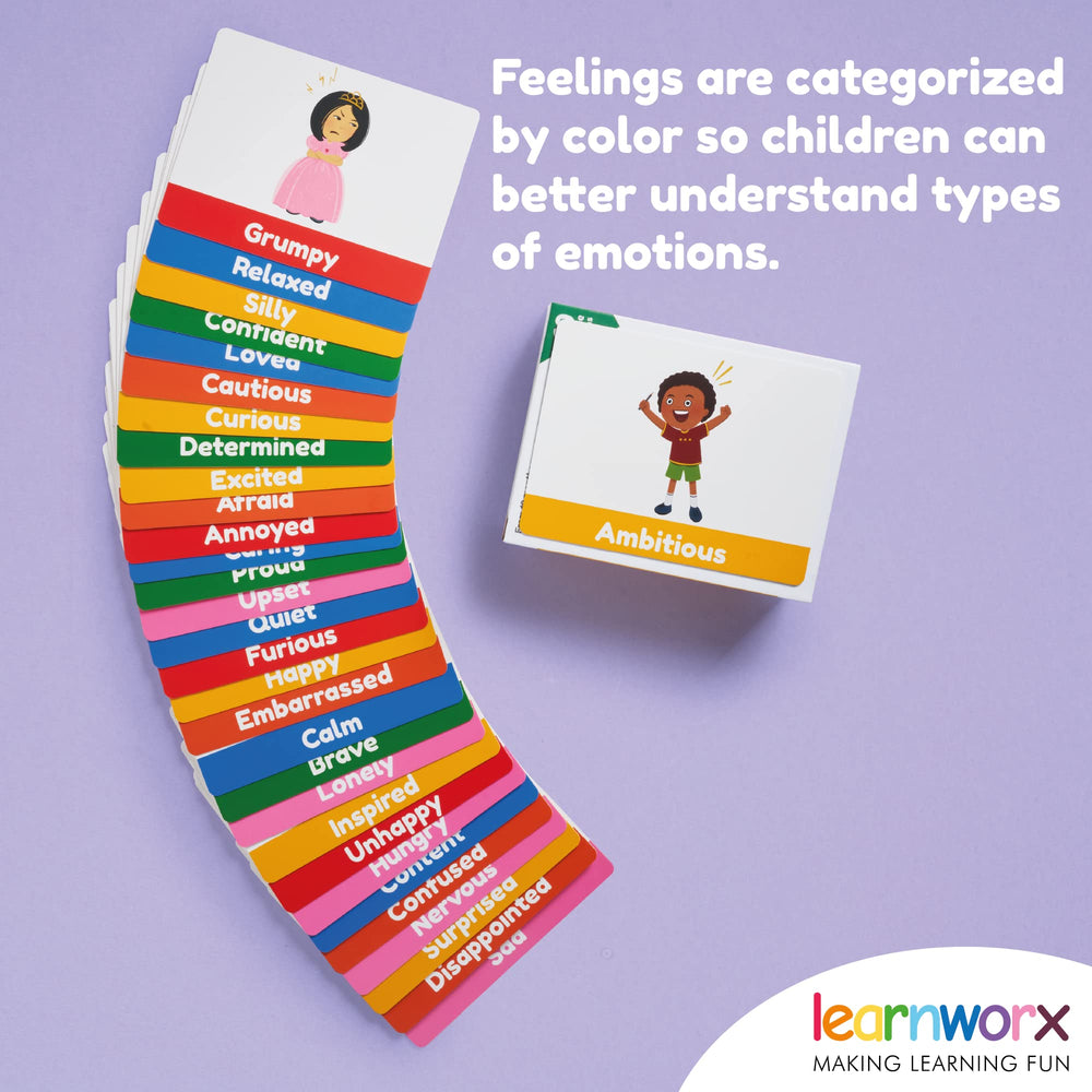 Learnworx Emotion Cards with front emotion and back real-life scenarios to discuss feelings.